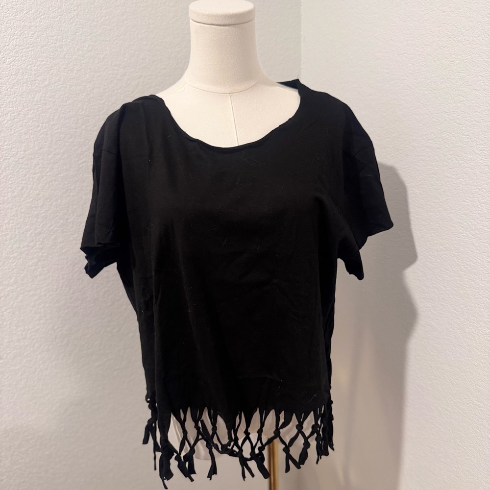 Black Hand-Cut Fringe Crop Top | Festival-Ready Black Tee